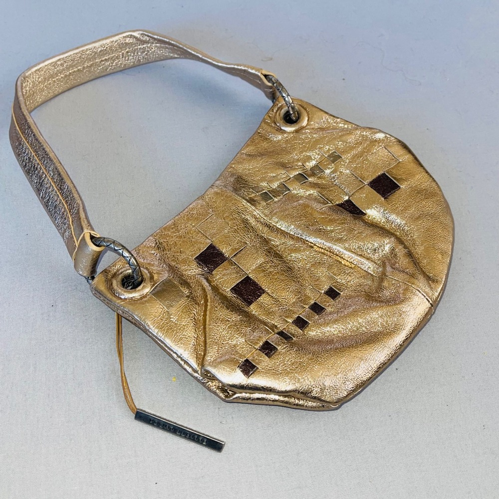 Elliott Lucca Woven Shoulder Bag Metallic Gold Leather Pewter Hardware